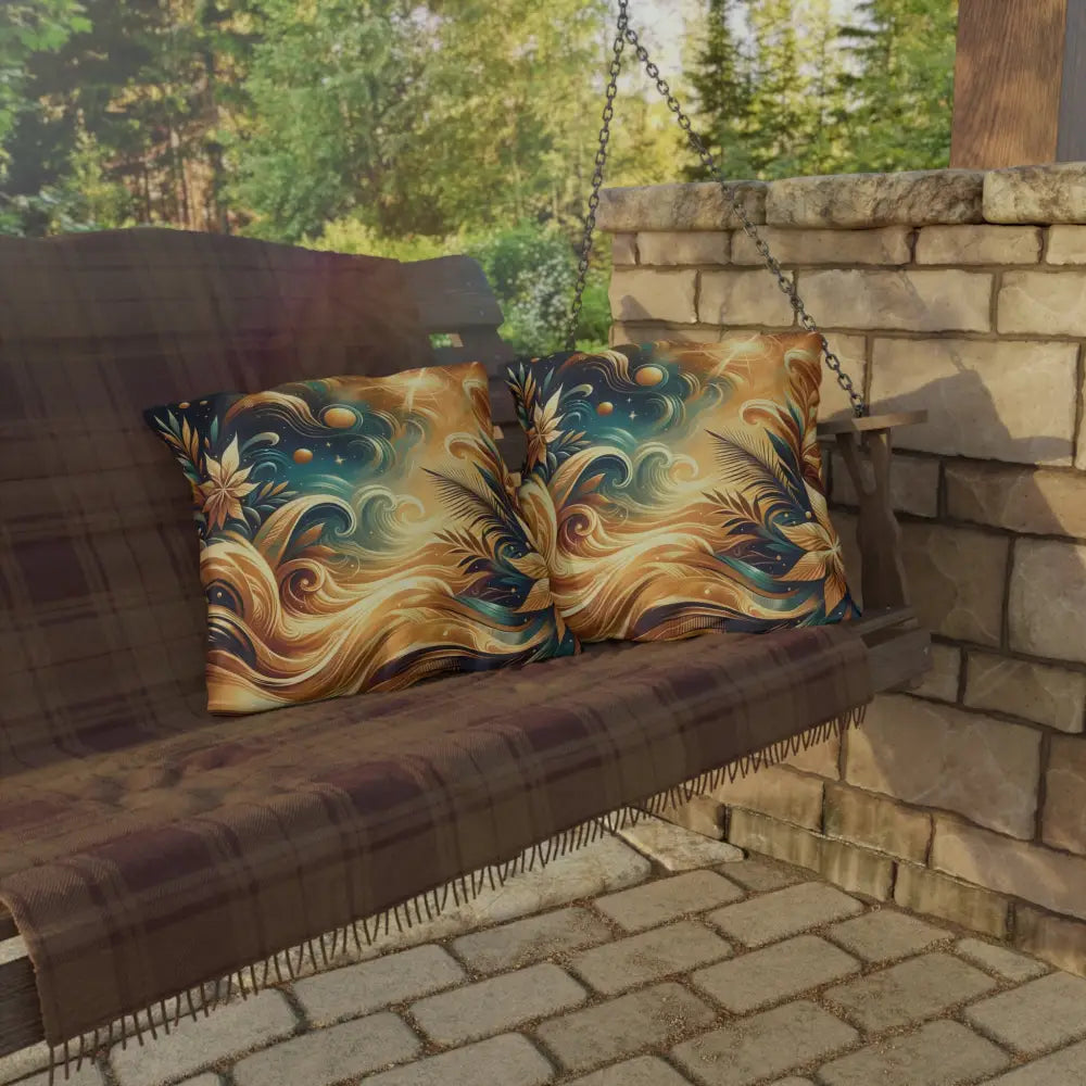 Outdoor Pillow Nebula Bloom Cascade on porch swing for cozy cosmic patio decor