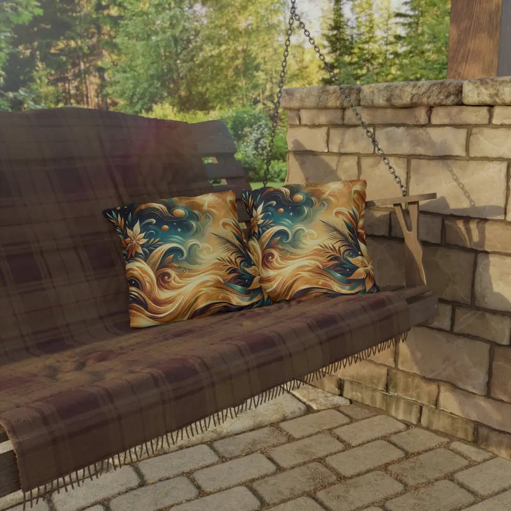 Outdoor swing bench with decorative pillows from PixiOnyx Nebula Bloom Cascade collection