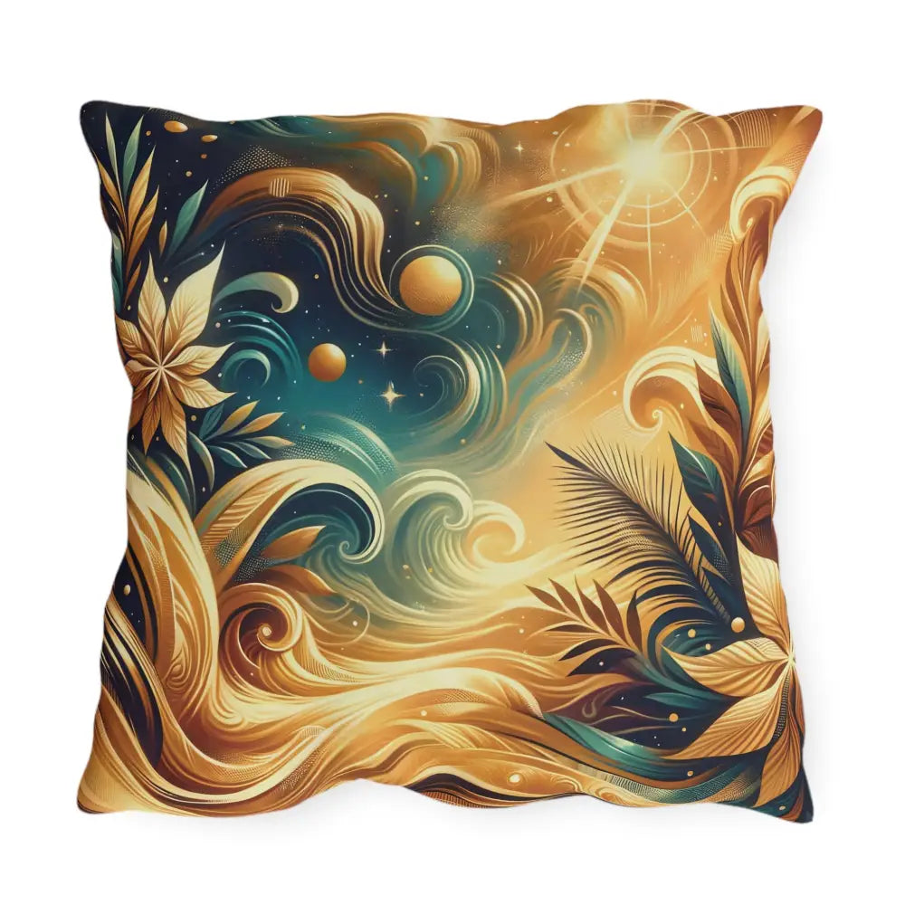 Decorative outdoor pillow with celestial and floral design for cosmic patio decor