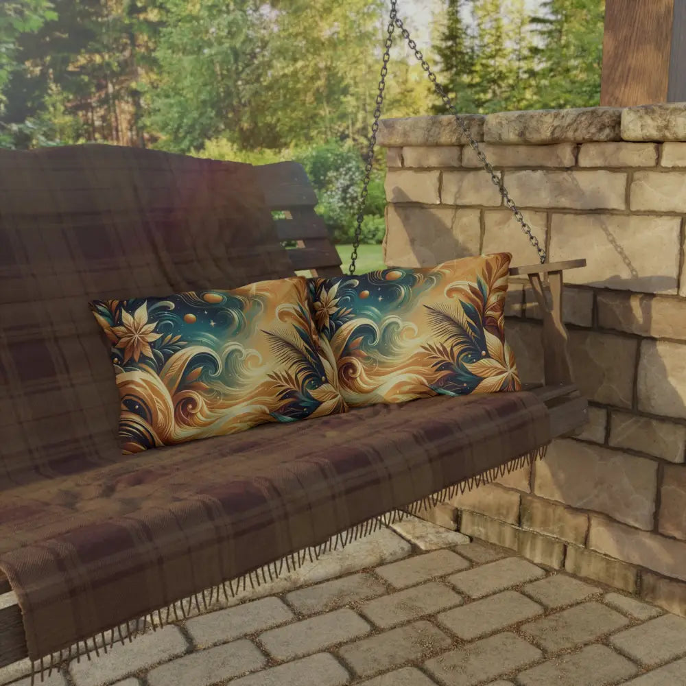 Outdoor Pillow Nebula Bloom Cascade with patterned pillows on a swing in a cosmic patio setting