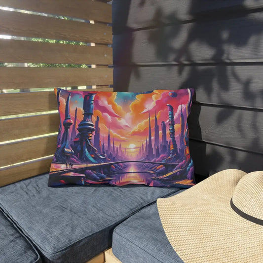 Outdoor pillow with futuristic cityscape design for dreamy pillow feels by Honson Ventures Limited