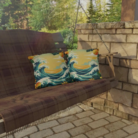 Outdoor Pillow Tropical Wave with wave-patterned pillows on a swing for Tropical Coast decor