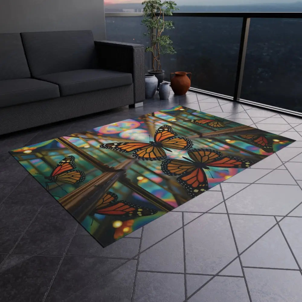 Butterfly-patterned outdoor rug from PixiOnyx Gardencore Mat collection