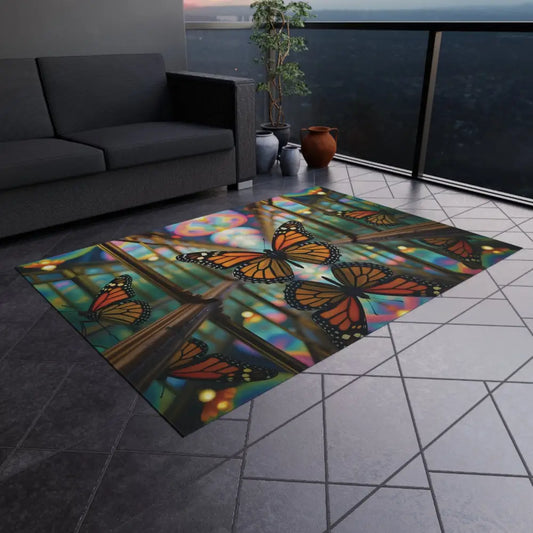 Butterfly-patterned outdoor rug from PixiOnyx Gardencore Mat collection