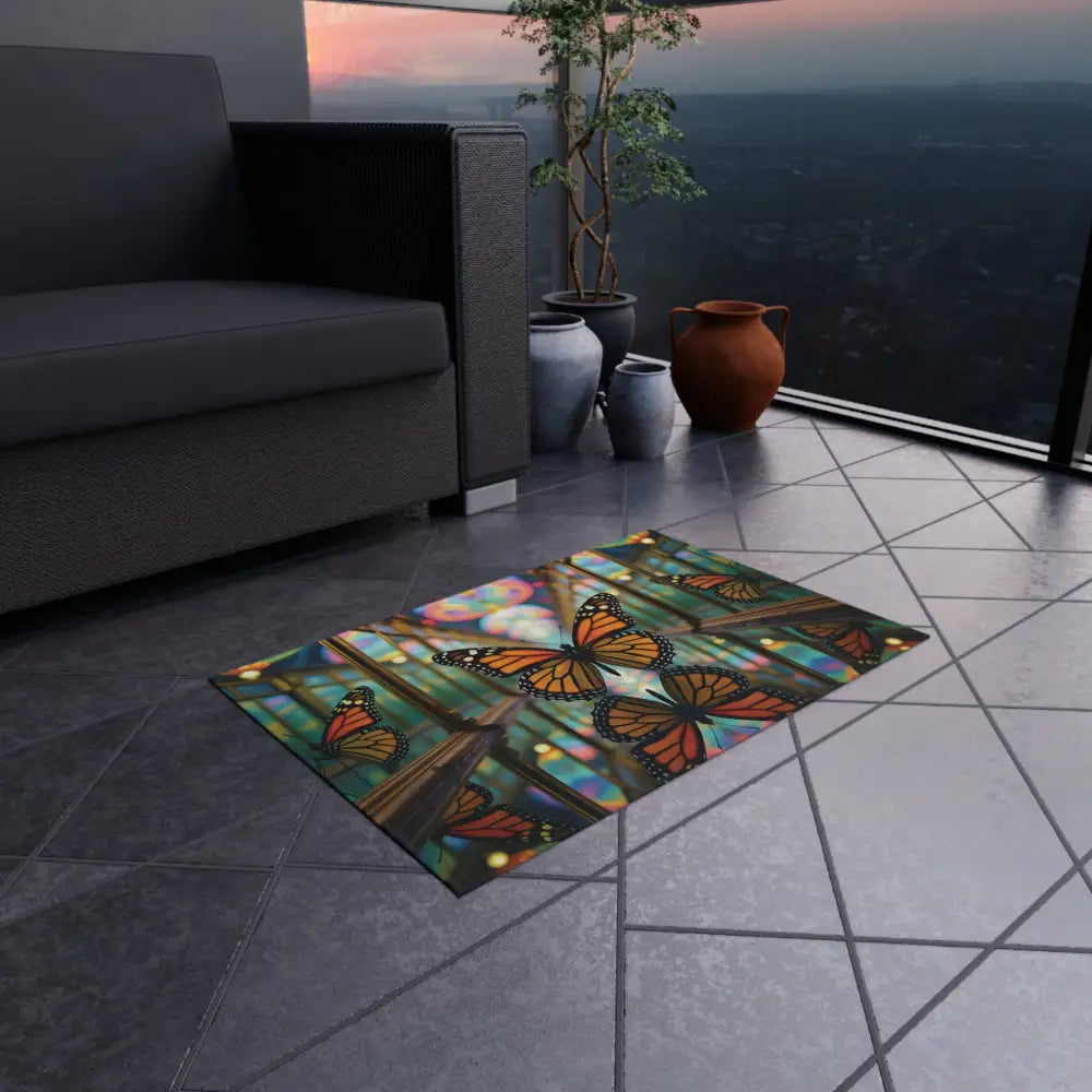 Butterfly-themed outdoor area rug from PixiOnyx Gardencore Mat collection