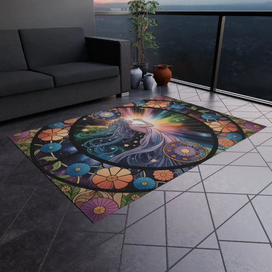 Colorful floral and celestial design outdoor rug from PixiOnyx Gardenlight Floor Cloth