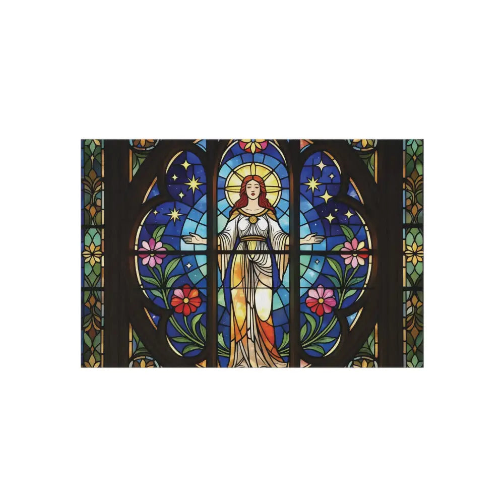 Outdoor Rug Divine Radiance with stained glass window depicting a woman with a halo