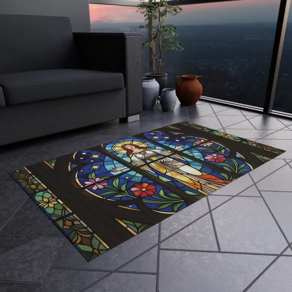 Stained glass angel design on PixiOnyx Bohemian Patio Accent Outdoor Rug