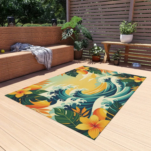 Tropical wave-patterned outdoor rug from PixiOnyx Coastal Floor Dreamscape collection