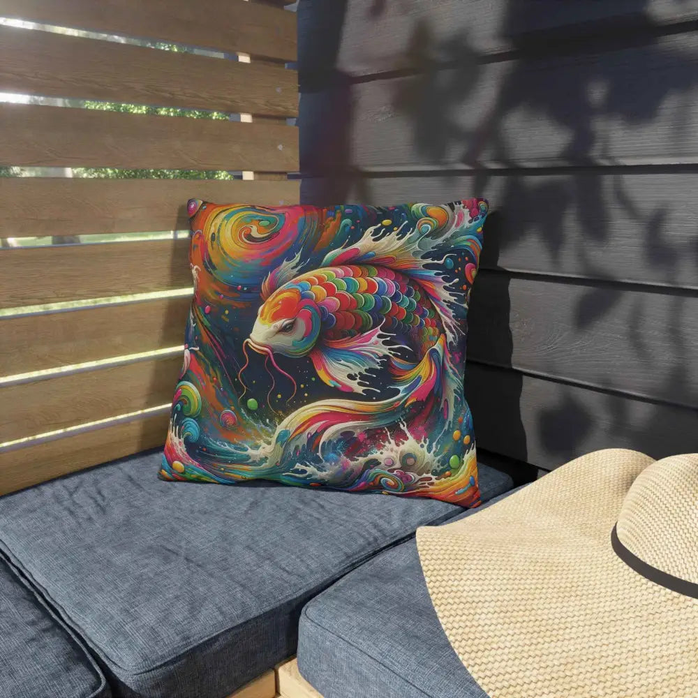 Vibrantly colored koi fish art throw pillow from Rainbow Koi Dreamflow collection by PixiOnyx