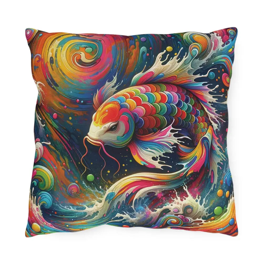 Vibrantly colored koi fish art pillow featuring rainbow koi dreamflow design for outdoor decor