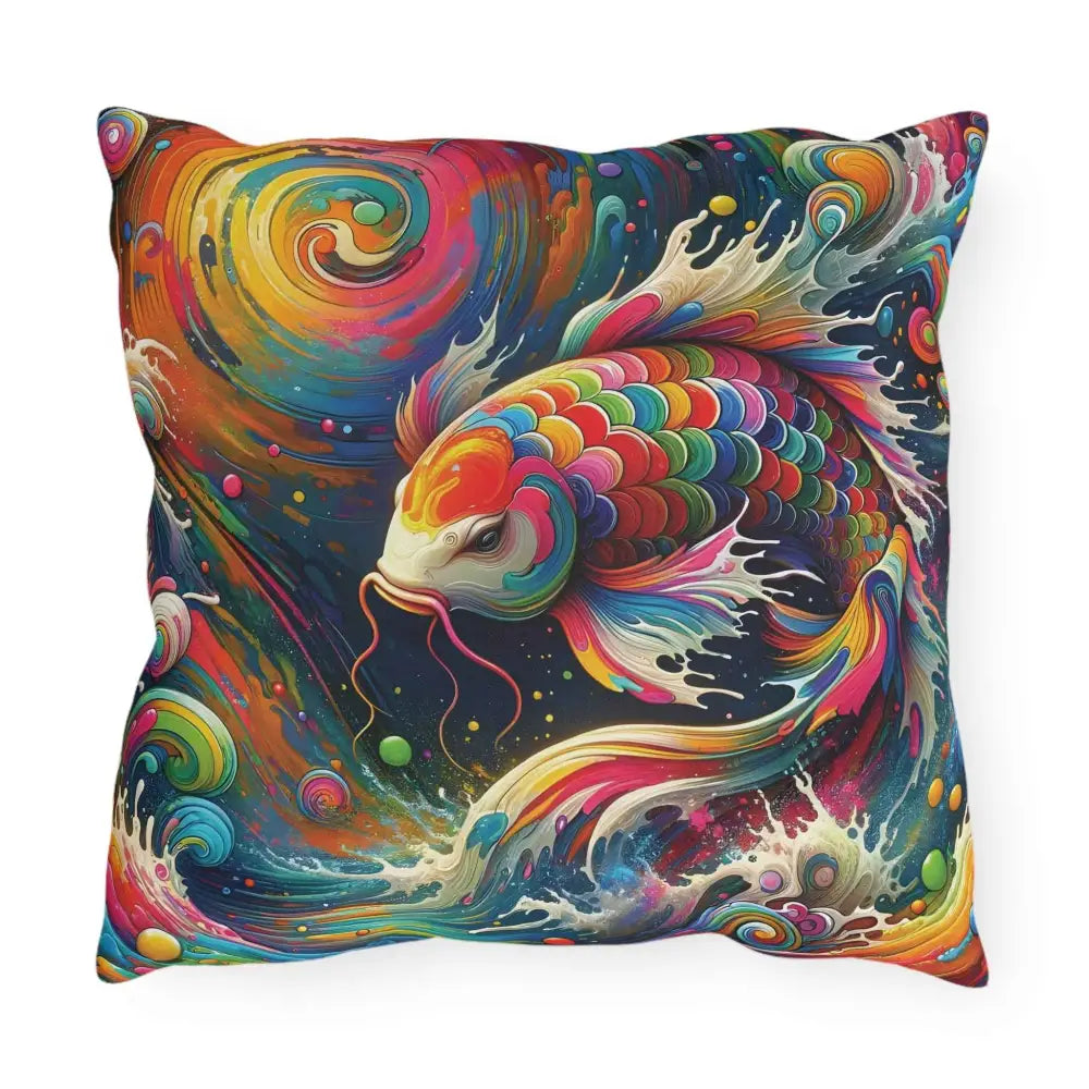 Colorful outdoor throw pillow featuring rainbow koi dreamflow art for patio and garden decor