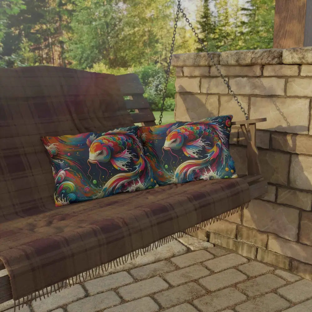 Colorful rainbow koi dreamflow pillows on porch swing for outdoor patio decor