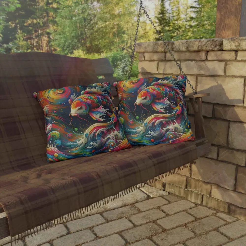 Vibrant rainbow koi dreamflow throw pillows on porch swing for colorful patio decor