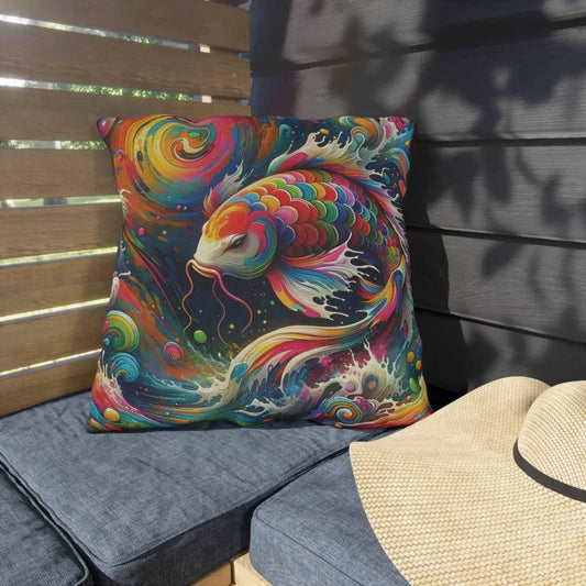 Colorful artistic koi fish throw pillow featuring rainbow koi dreamflow design for patio decor