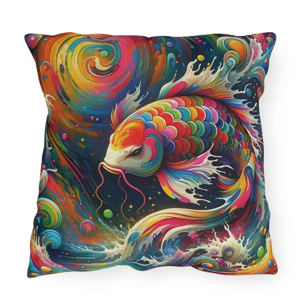 Vibrantly colored koi fish art throw pillow featuring rainbow koi dreamflow design