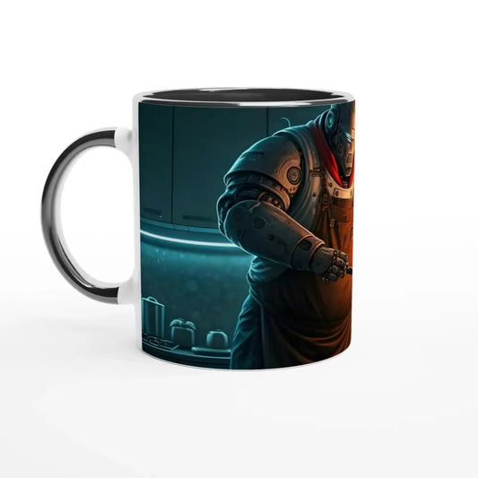 Two-tone Mug Featuring PixiOnyx Robo-Chef Design from Pancake Protocol Breakfast Uprising