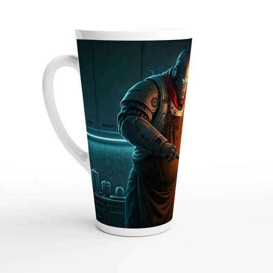 Latte mug featuring robot chef design from Pancake Protocol Breakfast Uprising collection