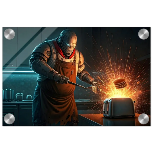 Robotic chef flipping pancakes on Acrylic Print Pancake Protocol Breakfast Uprising PixiOnyx