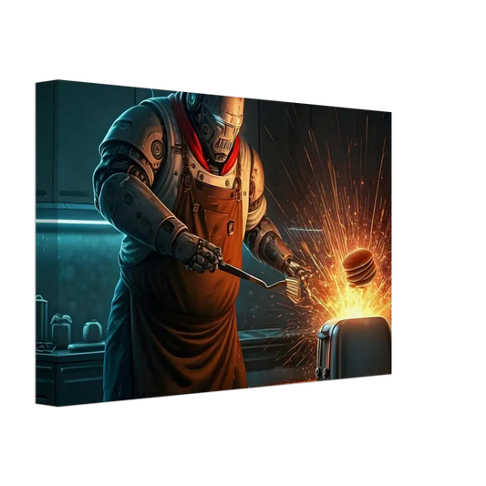Robot chef flipping pancakes with sparks in Pancake Protocol Burnt Brunch Edition Canvas