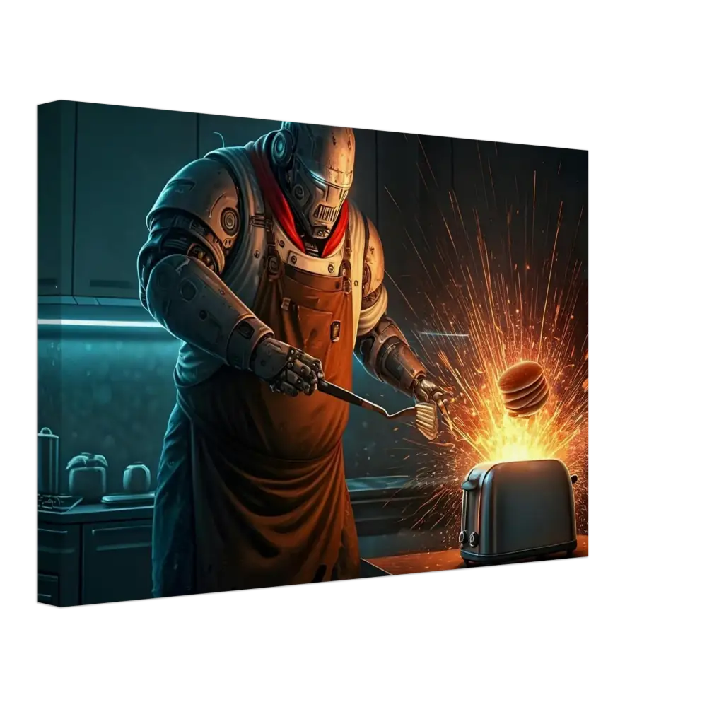 Robot chef flipping pancakes in Pancake Protocol Burnt Brunch Edition Canvas artwork