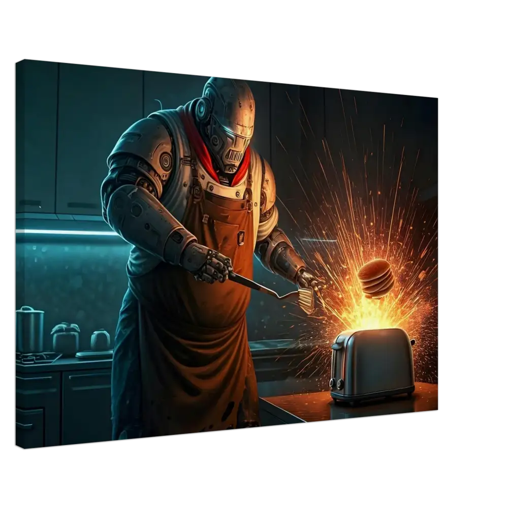 Robot chef flipping pancakes from a toaster for Pancake Protocol Breakfast Uprising Canvas