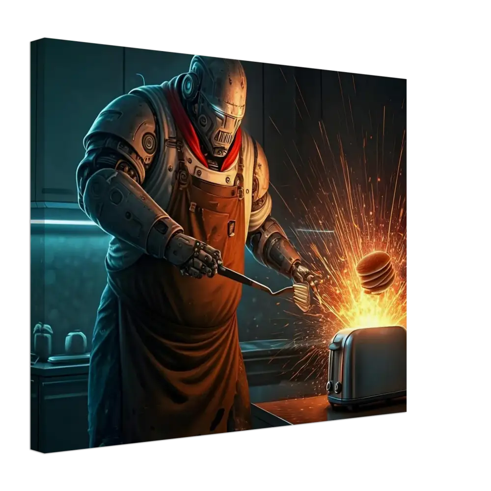 Robot chef flipping pancakes in Pancake Protocol Breakfast Uprising Canvas by PixiOnyx