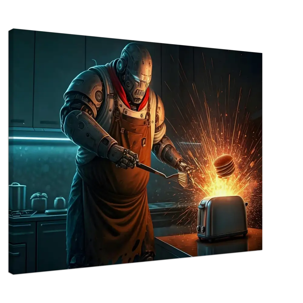 Robot chef flipping exploding toast from Pancake Protocol Breakfast Uprising Canvas