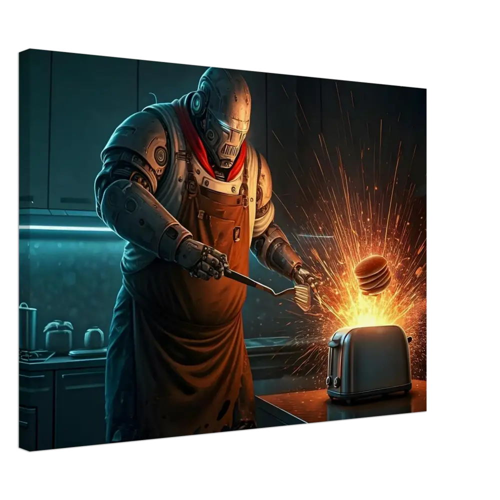Robotic chef with sparking toaster from Pancake Protocol Breakfast Uprising Canvas PixiOnyx Edition