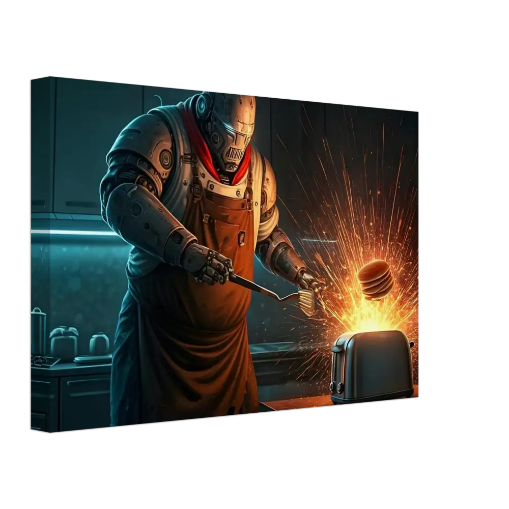 Robot chef flipping pancakes for Pancake Protocol Burnt Brunch Edition Canvas art