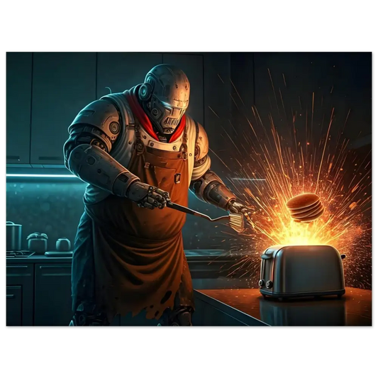 Robot chef flipping pancakes on the Pancake Protocol Breakfast Uprising poster by PixiOnyx