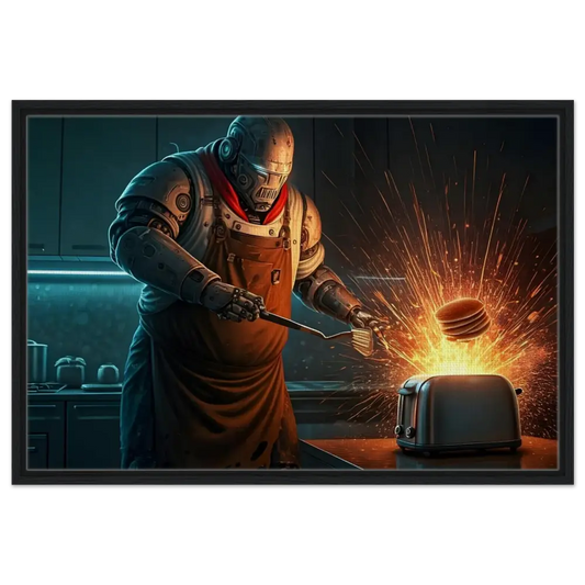 Robot chef flipping pancakes with sparks in PixiOnyx Cyber-Chef showcase framed canvas