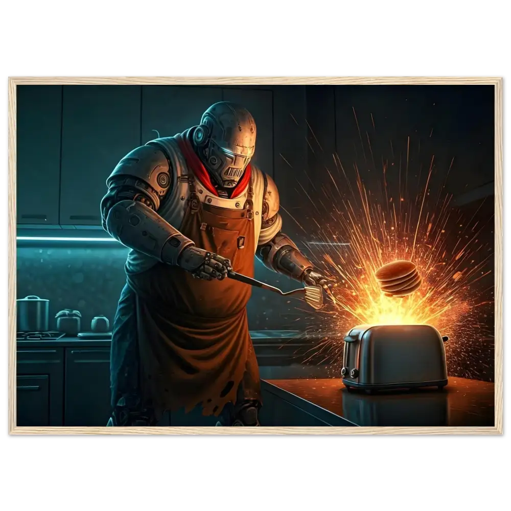Framed robot chef flipping pancakes in Pancake Protocol Breakfast Uprising poster
