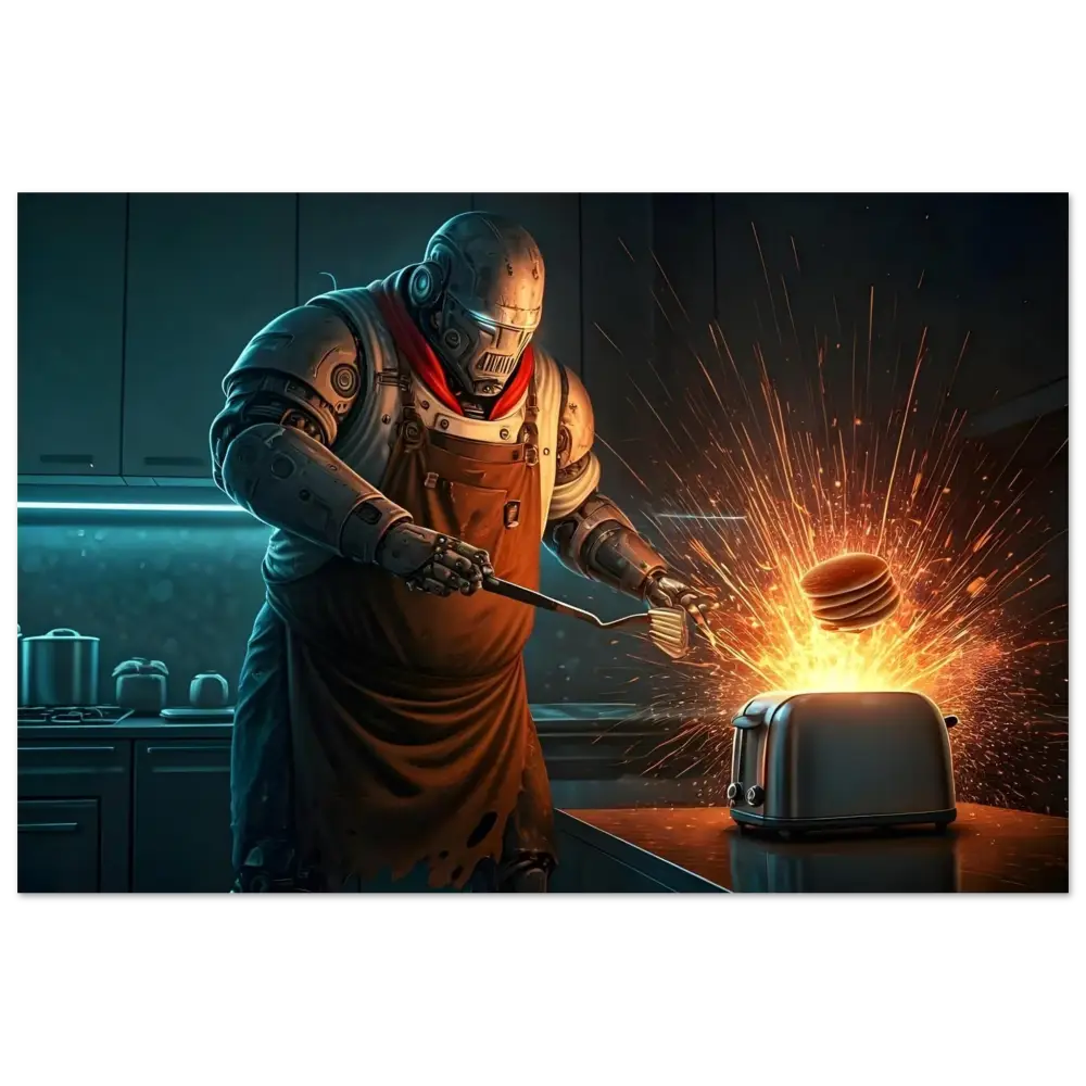 Robot chef toasting pancakes with sparks in Pancake Protocol Breakfast Uprising poster
