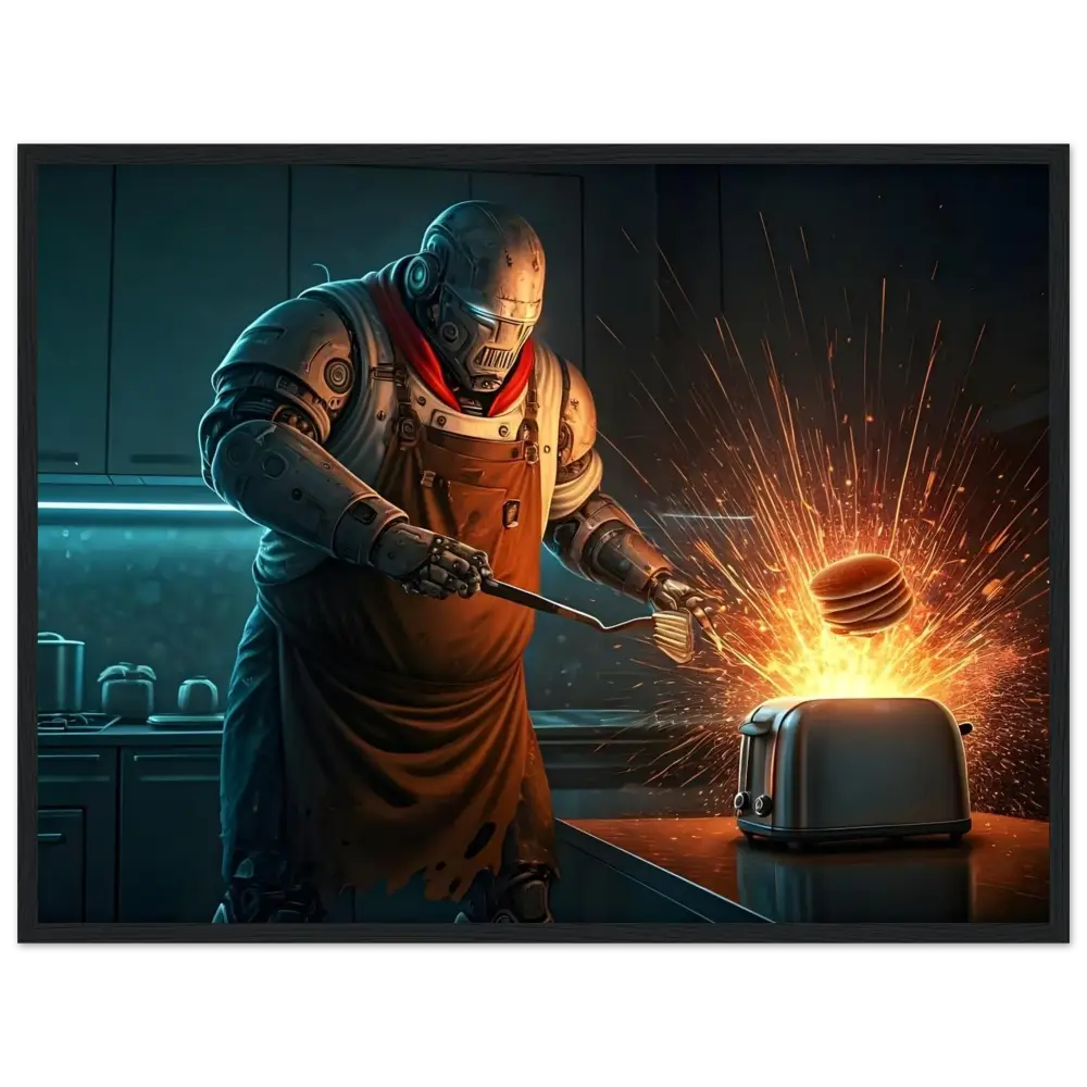 Robot chef flipping burning pancakes framed poster Pancake Protocol Breakfast Uprising PixiOnyx