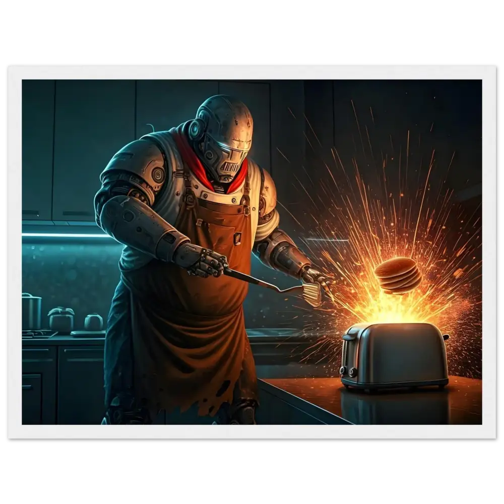Robot chef with exploding toaster in Pancake Protocol Breakfast Uprising framed poster