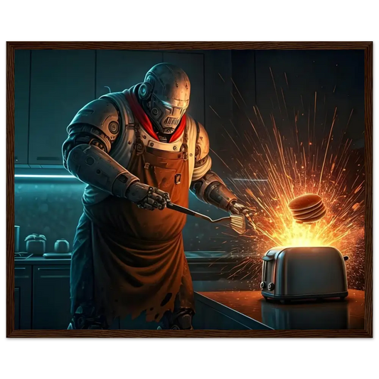 Robot chef flipping pancakes over toaster in Pancake Protocol: Breakfast Uprising framed poster