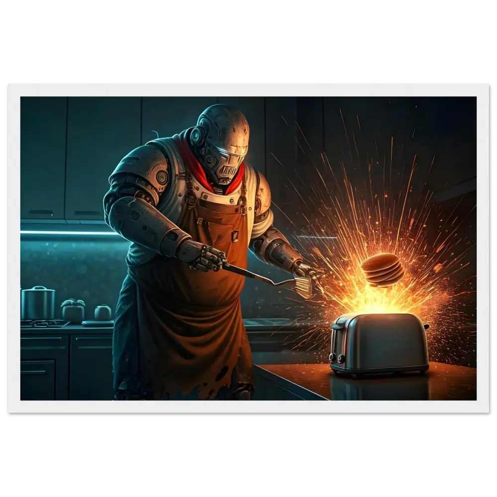 Robot chef with exploding toaster displayed in Pancake Protocol Breakfast Uprising poster