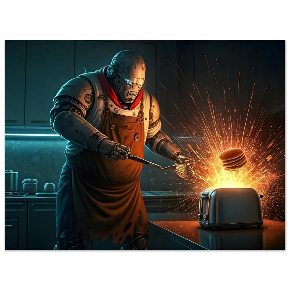 Robot chef flipping pancakes over a sparking toaster in Pancake Protocol framed poster