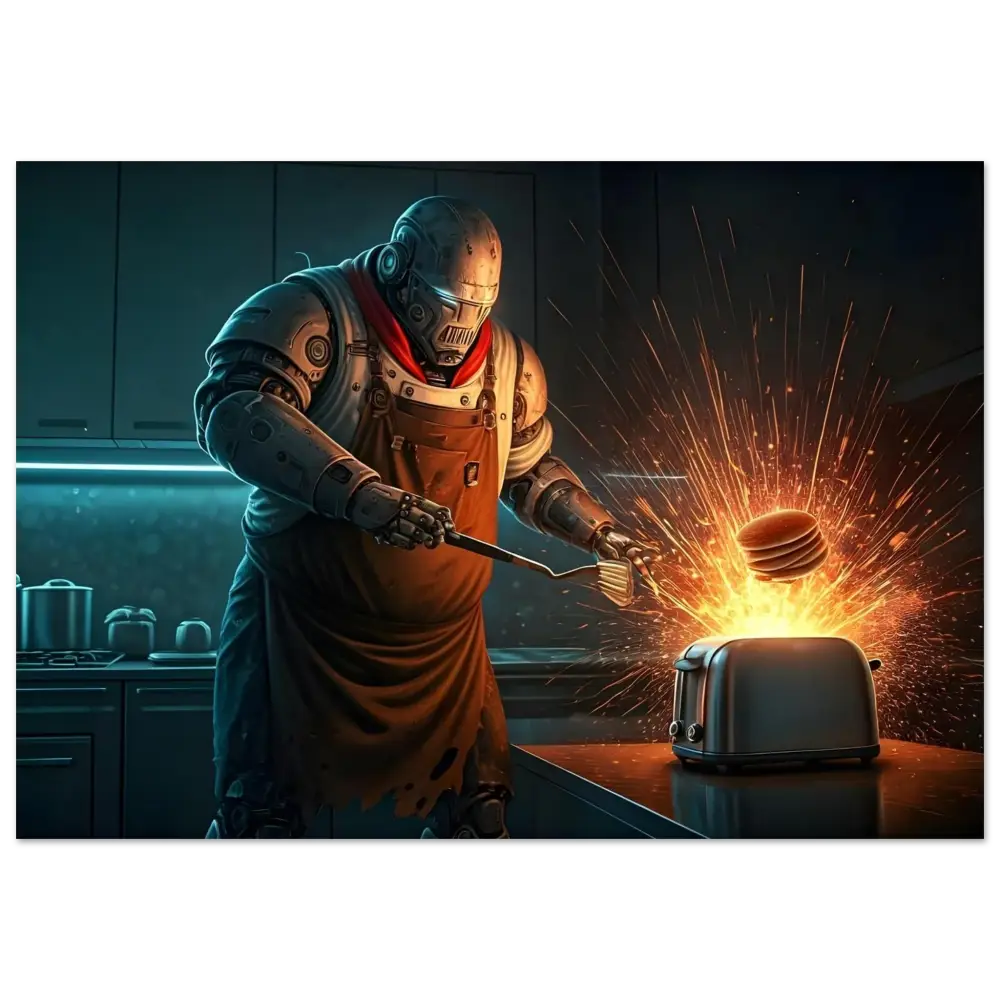 Robot chef with exploding toaster in Pancake Protocol Breakfast Uprising framed poster