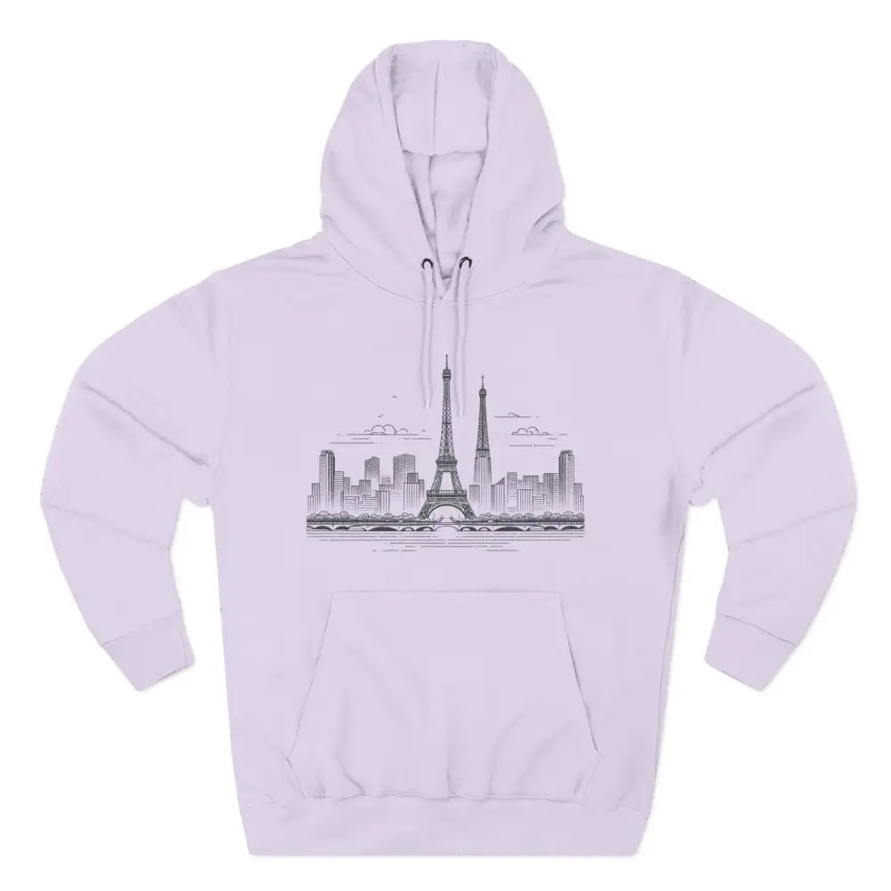 Light purple cozy fleece hoodie with Paris skyline sketch and kangaroo pouch pocket