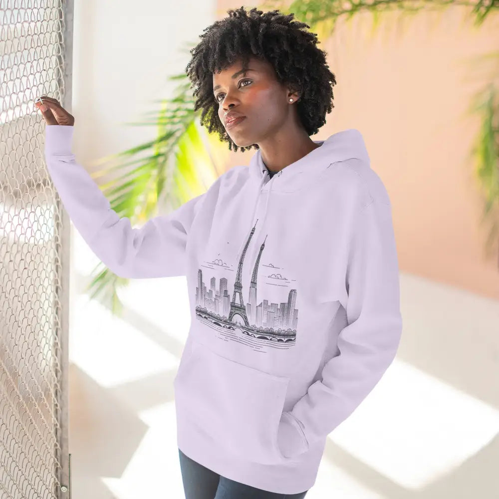 White hoodie with cityscape graphic, cozy fleece, kangaroo pocket, urban streetwear