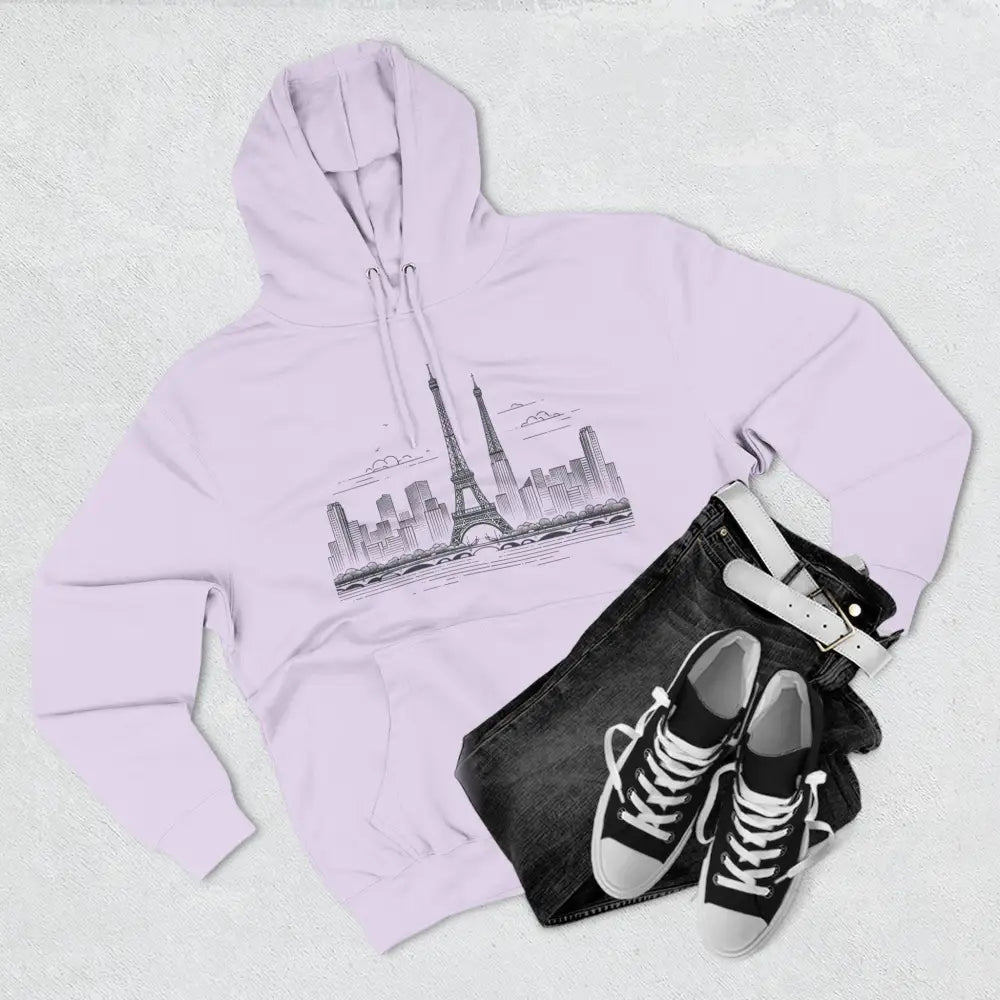 Light purple cozy fleece hoodie with Eiffel Tower sketch and city skyline, perfect for streetwear