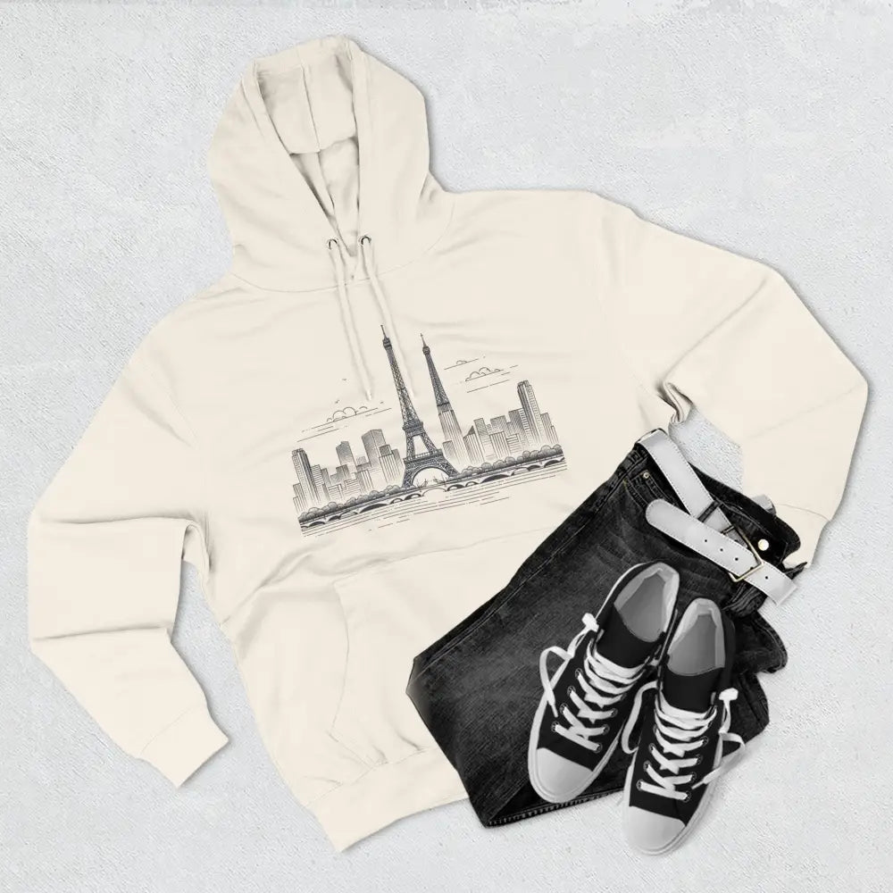 Cream-colored Paris Skyline fleece hoodie with sketch, kangaroo pocket, experience ultimate comfort
