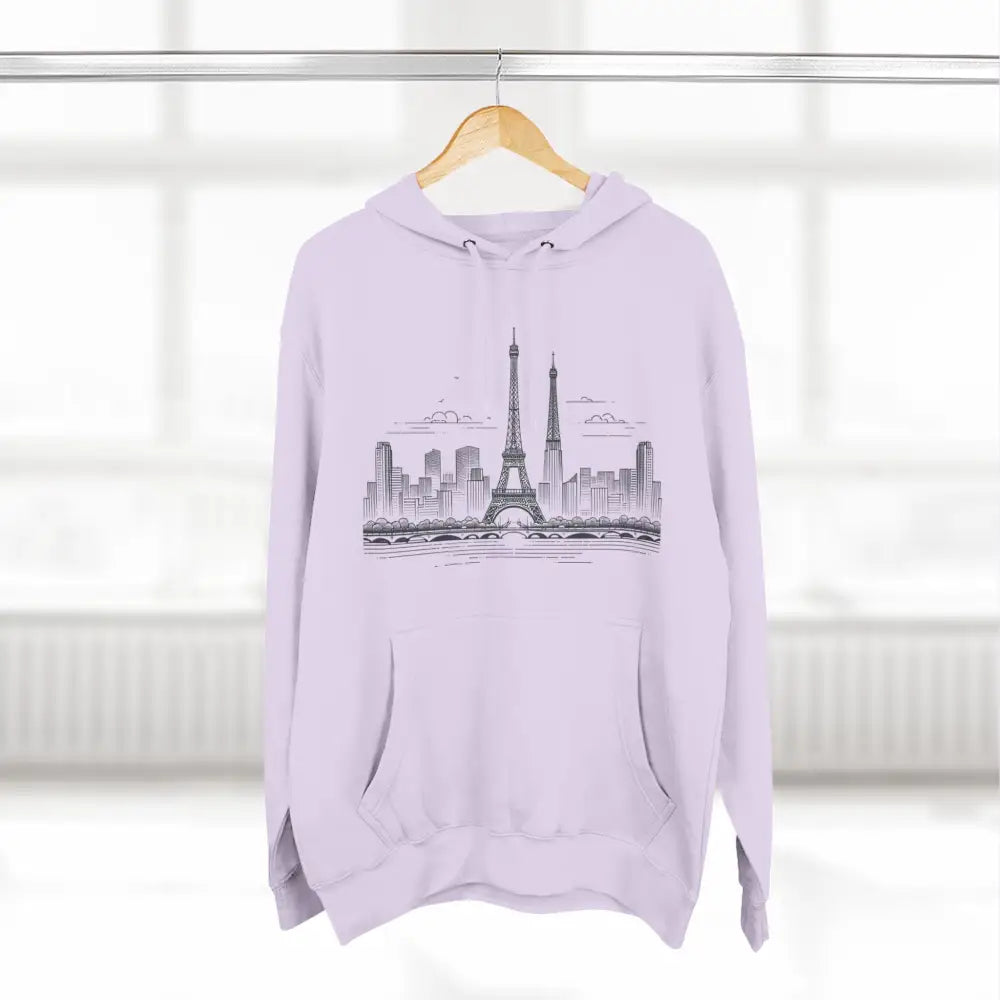 Light purple cozy fleece hoodie with skyline graphic, kangaroo pouch pocket, ultimate comfort