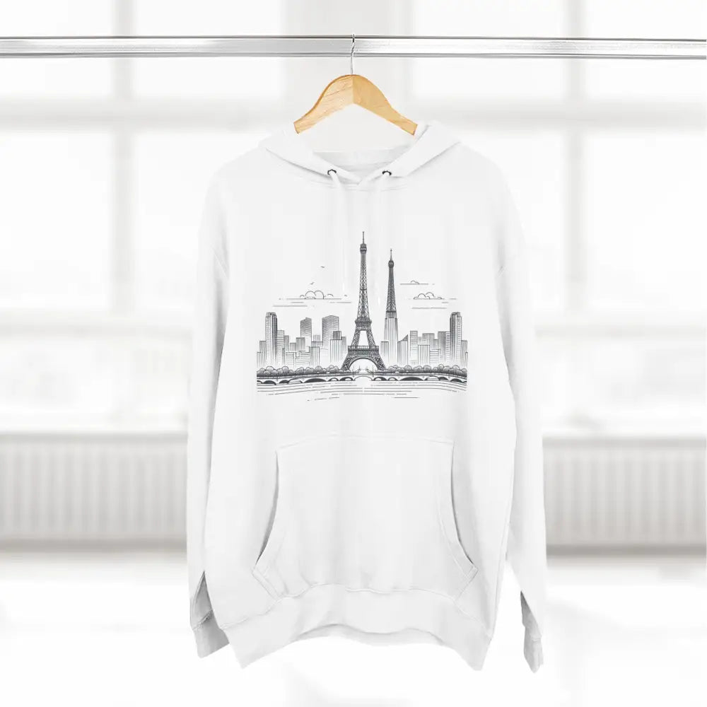 White hooded sweatshirt with Paris skyline design, cozy fleece hoodie, urban style layer