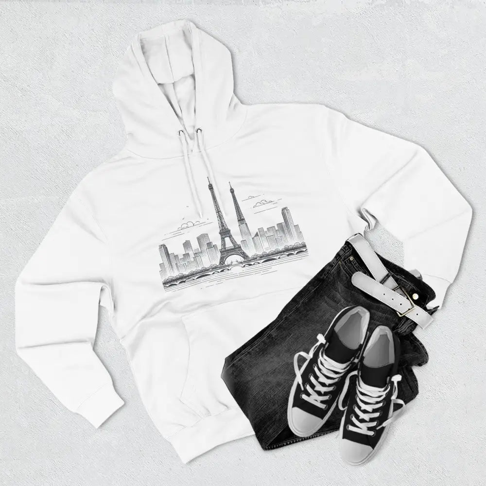 White hoodie with Eiffel Tower and cityscape illustration, cozy fleece hoodie for urban style