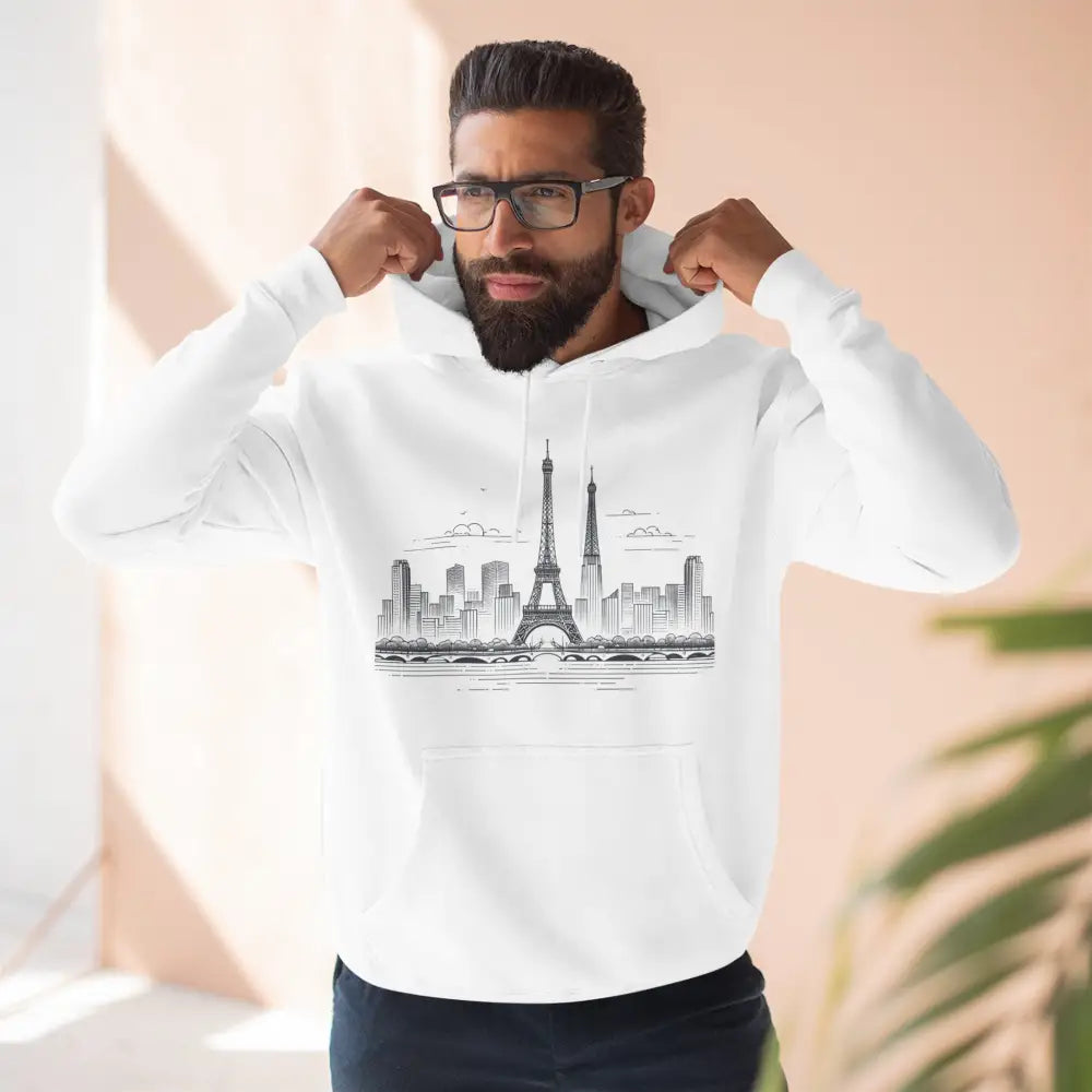 White Paris Skyline fleece hoodie with sketch of Eiffel Tower and city skyline, cozy streetwear