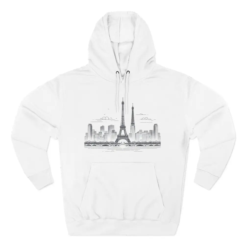 White Paris Skyline fleece hoodie with sketch design and kangaroo pouch pocket for ultimate comfort