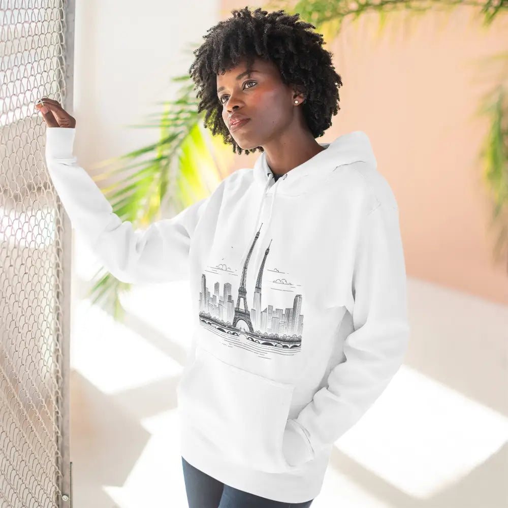 White hoodie with Eiffel Tower and city skyline graphic, cozy fleece hoodie for urban style